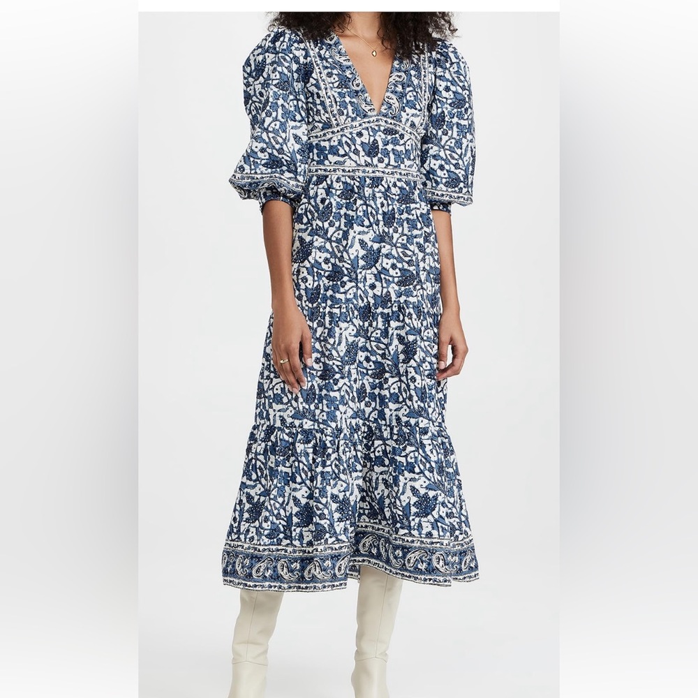 Love the Label - blue and white pattern puff sleeve midi dress